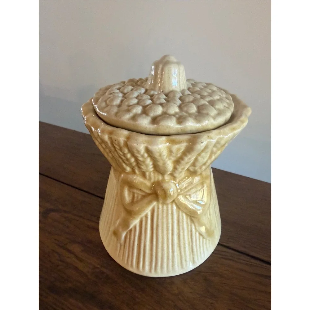 Vintage Wheat Sheaf Ceramic Lidded Jar Canister Yellow Farmhouse Harvest Decor